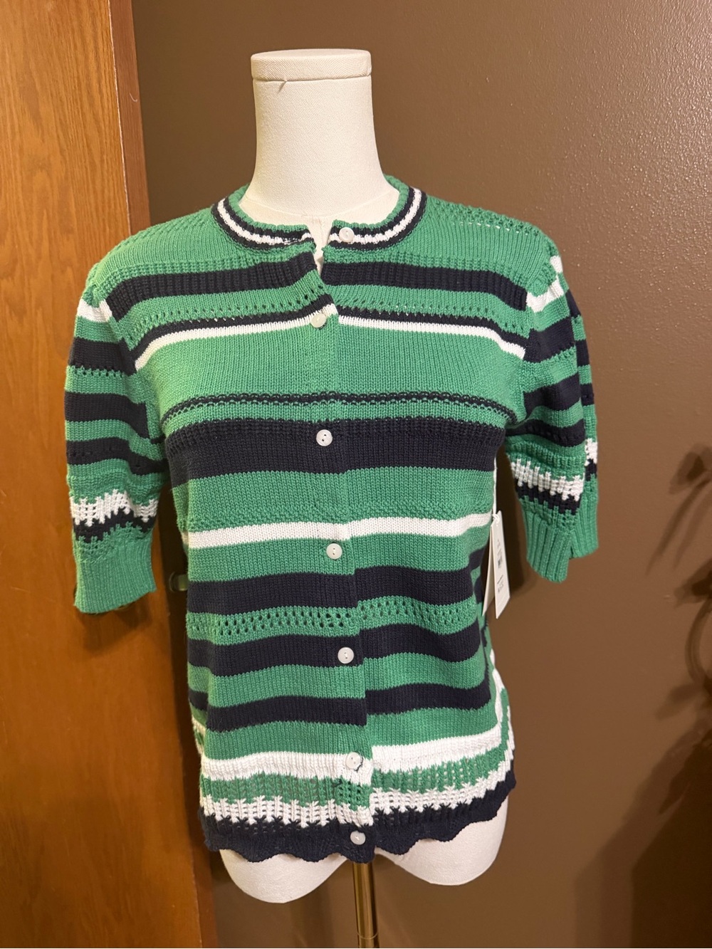 Green Striped Short-Sleeve Crew Cardigan